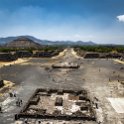 MEX MEX Teotihuacan 2019APR01 Piramides 045  The sites main thoroughfare, dubbed the " Avenue of the Dead ", runs roughly 40 meters ( 130 feet ) wide, 4 kilometres ( 2&frac12; miles ) long and is flanked by the impressive 71.17 metre or ( 233.5 foot )   Pyramid of the Sun   ( third largest in the World after the   Great Pyramid of Cholula   and the   Great Pyramid of Giza  )  and the   Pyramid of the Moon   alongside The Ciudadela with   Temple of the Feathered Serpent Quetzalcoatl  , while the palace-museum   Quetzalpapálotl   is situated between two main pyramids. : - DATE, - PLACES, - TRIPS, 10's, 2019, 2019 - Taco's & Toucan's, Americas, April, Central, Day, Mexico, Monday, Month, México, North America, Pirámides de Teotihuacán, Teotihuacán, Year